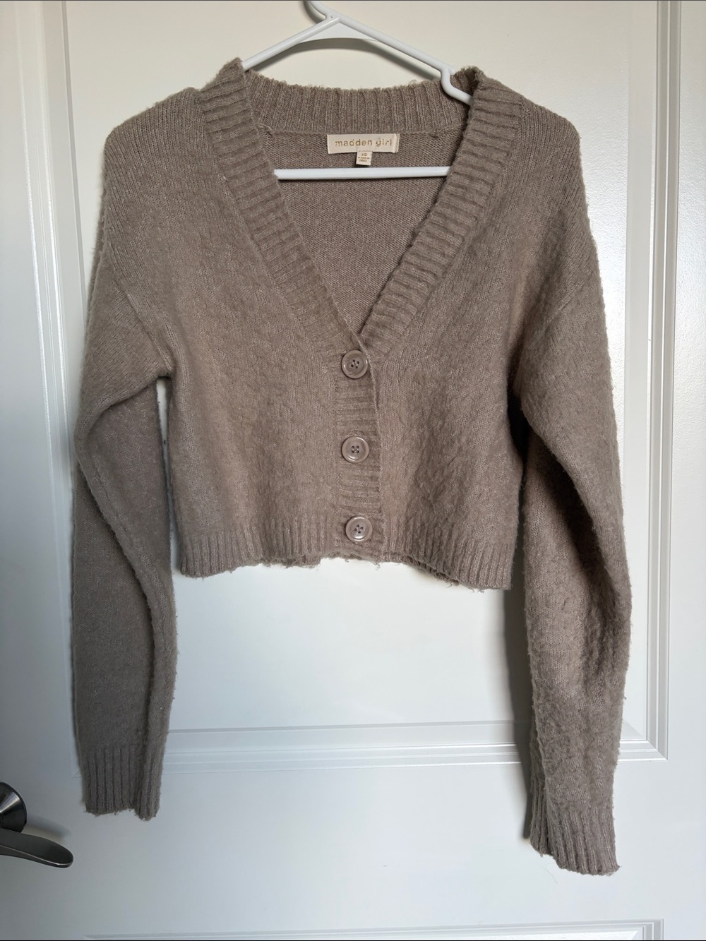 Madden Girl Taupe Cropped Button Cardigan